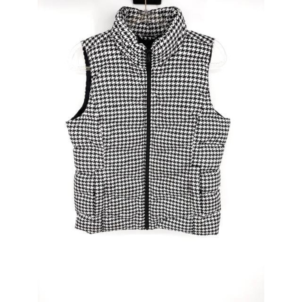 Lands End Quilted Houndstooth Puffer Vest Size Medium Black White Warm Outdoor